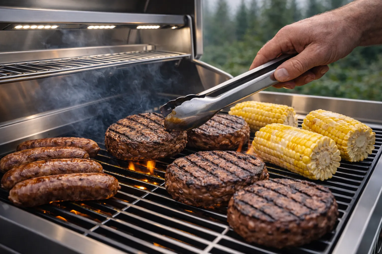 Food sizzling on a grill with tongs