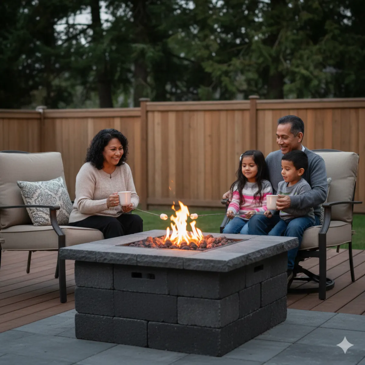 Family roasting marshmallows around a fire pit on a backyard patio