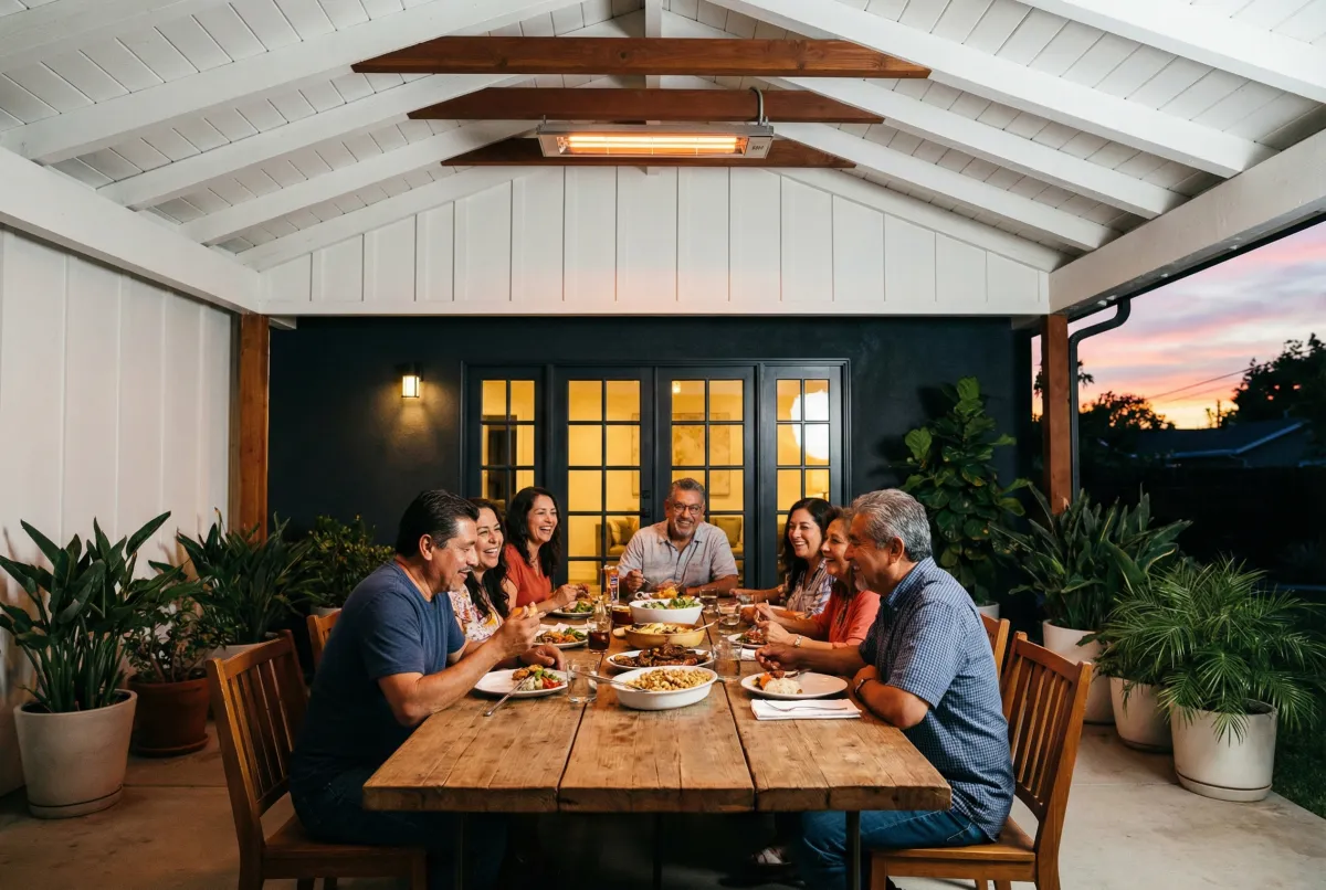 Friends and family enjoying dinner at an outdoor table under a ceiling-mounted heater at sunset
