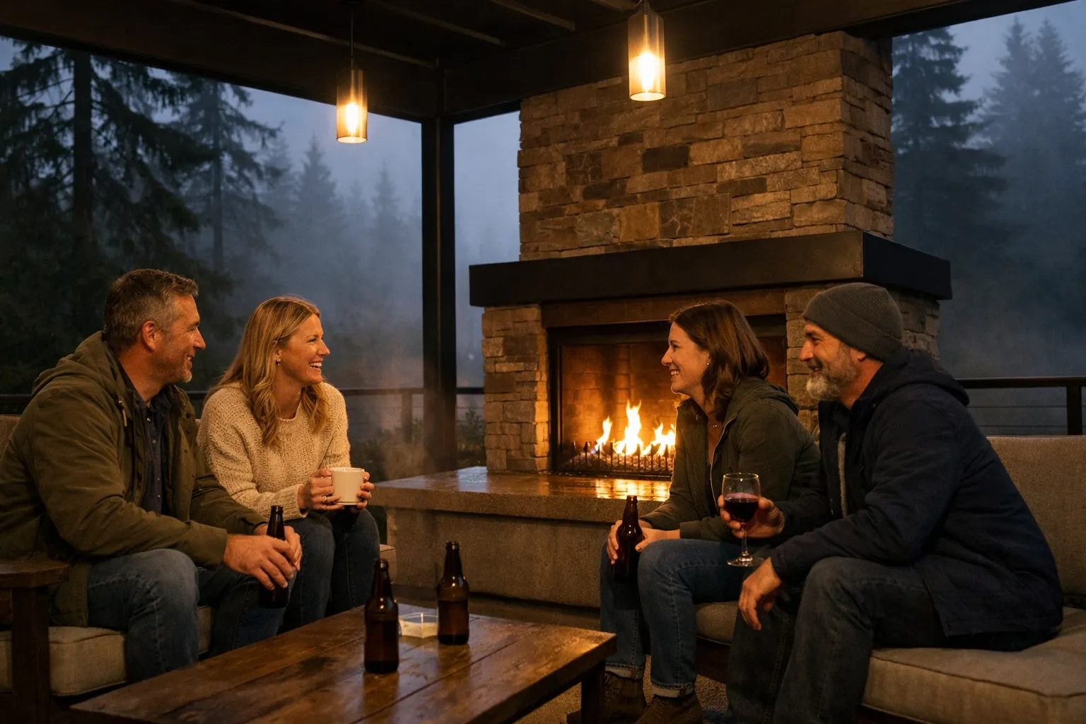 Outdoor fireplace in a backyard setting