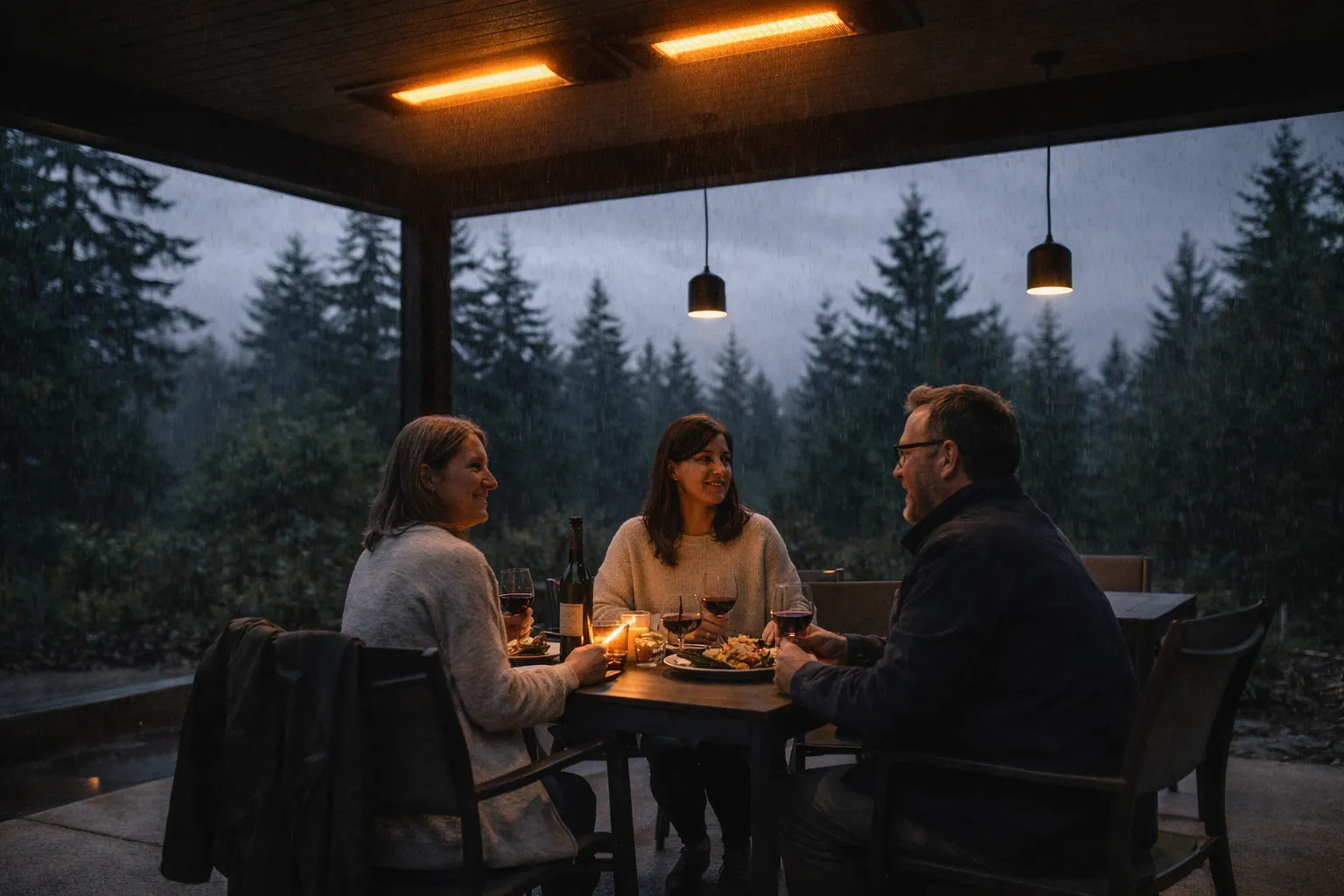 Covered patio with infrared heaters glowing on a rainy Pacific Northwest evening
