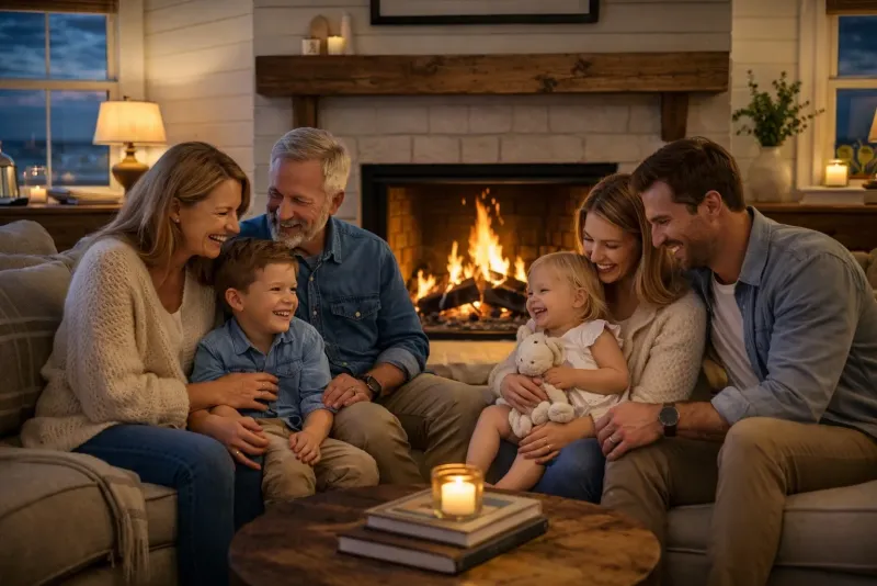 Multi-generational family gathered around fireplace